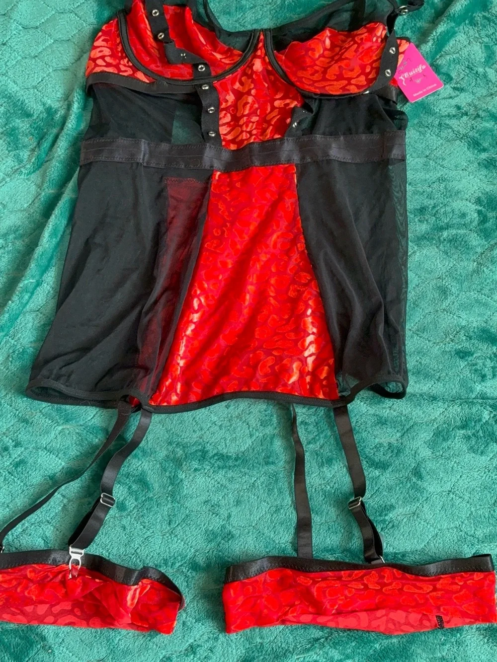 Red Leopard Print Bustier Chemise Lingerie with Matching Garter Set